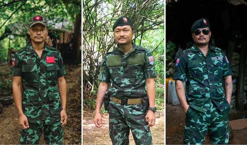 (ဝဲ မှ ယာ) ကျားသစ်နက်စစ်ကြောင်း တပ်ဖွဲ့ဝင်ရဲဘော်ဘာလီ၊ ကော်ဘရာစစ်ကြောင်းမှူး ဗိုလ်ကြီးစောကော်၊ ကော်ဘရာ၊ ကျားသစ်နက်နှင့် VENOM စစ်ကြောင်းသုံးကြောင်းကို ဦးစီးနေသည့် ဗိုလ်မှူးဒါဘော။ (Photo: Chan Aung/ RFA)