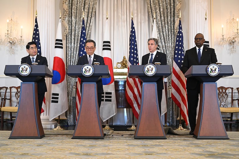 Secretary of State Antony Blinken, second from right, and Defense Secretary Lloyd Austin, right, speak with the press alongside South Korean Foreign Affairs Minister Cho Tae-yul, second from left, and South Korean Defense Minister Kim Yong-hyun, left, at the State Department in Washington, D.C., Oct. 31, 2024.