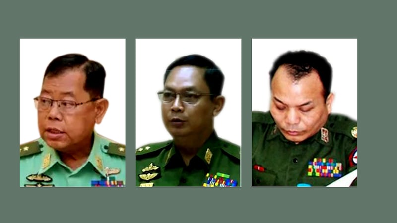 စစ်ကောင်စီအဖွဲ့ဝင် ဒုတိယဗိုလ်ချုပ်ကြီး စိုးထွဋ်၊ ဒုတိယဗိုလ်ချုပ်ကြီး မိုးမြင့်ထွန်း၊ ဗိုလ်မှူးချုပ်ရန်နောင်စိုး၊ (ဝဲ မှ ယာ)။ (Photo: Myanmar Military)