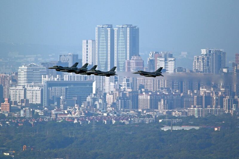 Taiwan air force F-16V fighter jets during an undated exercise in this photo released on Feb. 21, 2025.