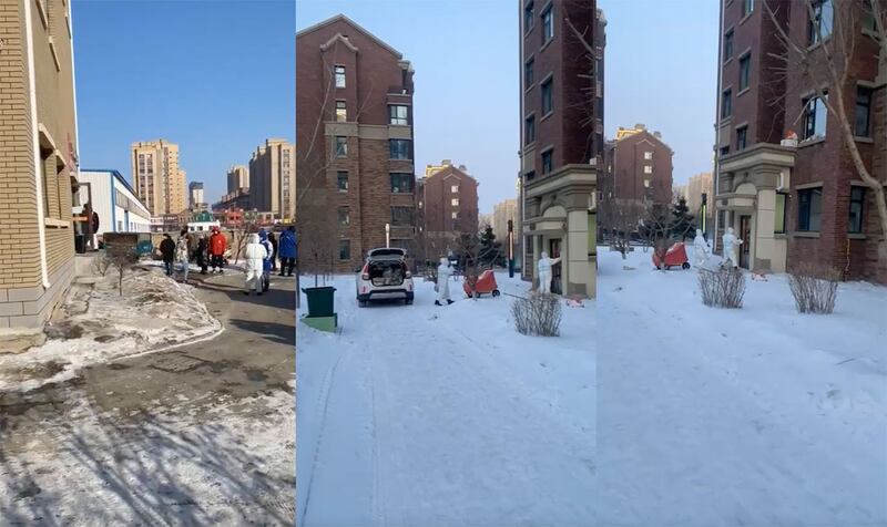 2021年吉林省长春公主岭市阳光新城三期社区服务站核酸采样点(左)、防疫人员在大楼贴感染者通知单(中、右)。