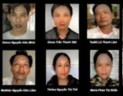 Sáu giáo dân bị đưa ra tòa anh Nguyễn Hữu Minh, anh Trần Thanh Việt, anh Lê Thanh Lâm, anh Nguyễn Hữu Liêm, chị Nguyễn Thị Thế, và chị Phan Thị Nhẫn (Từ trái, trên xuống)