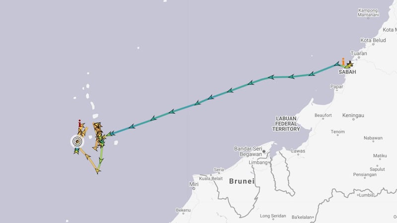 Ship-tracking data showing the Malaysian naval vessel KD Keris sailing from Kota Kinabalu to the South Luconia Shoals. Credit: MarineTraffic.