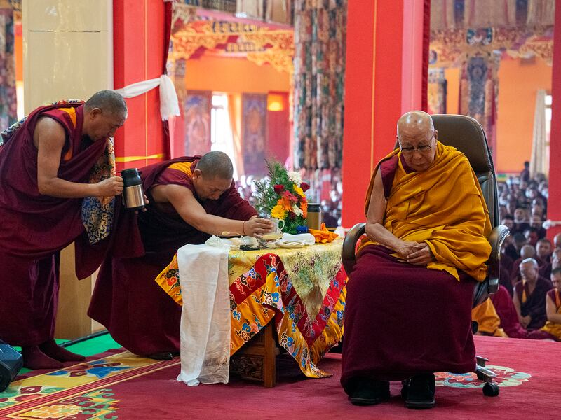 Tibetan spiritual leader the Dalai Lama, right, leads the prayers at a monastery in Bylakuppe, India, Jan. 9, 2025, in solidarity with the victims of an earthquake that hit a Tibet region in western China.