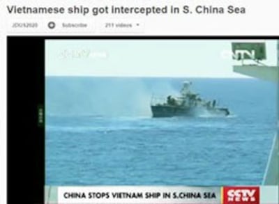 Tàu Trung Quốc chặn đuổi tàu công vụ của Viêt Nam ra khỏi khu vực lãnh hải của VN ở khu vực quần đảo Trường Sa. Ảnh chụp trên CCTV của TQ