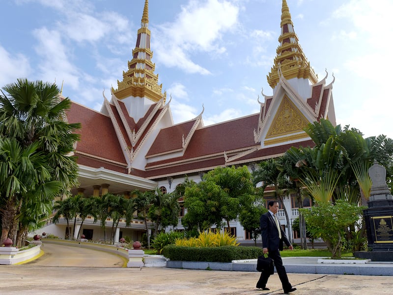 Lim Kimya, a member of the National Assembly from Cambodia National Rescue Party, walks out of the National Assembly Building in Phnom Penh, Cambodia, Nov. 8, 2017.