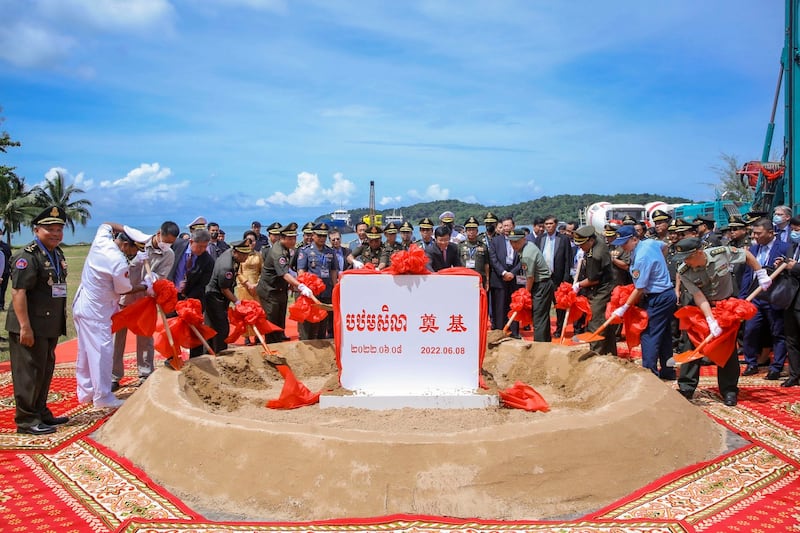 Cambodian Defense Minister Tea Banh, rear center left, and Chinese Ambassador to Cambodia Wang Wentian, rear center right, preside over the groundbreaking ceremony in Ream Cambodian Naval Base of Sihanoukville, June 8, 2022. Credit: Cambodia's Fresh News via AP