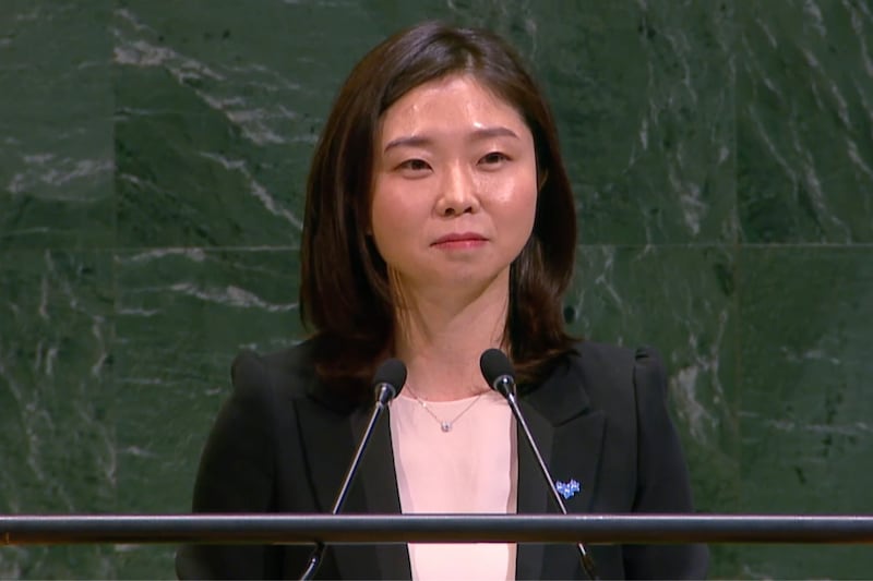 North Korean escapee Eun-joo Kim addresses the United Nations General Assembly May 20, 2025.