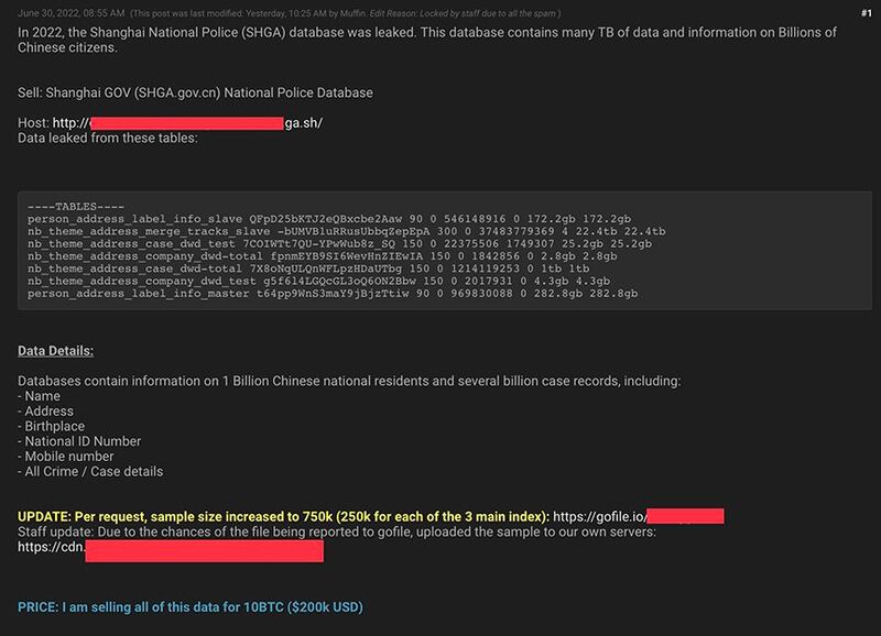 The seller offered in a forum to sell a database of 1 billion people from the Shanghai Public Security Bureau for 10 bitcoins. Credit: Web screengrab